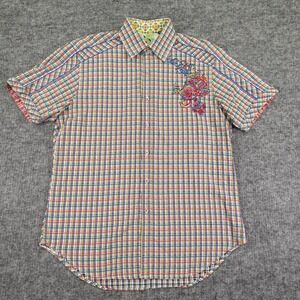 Robert Graham Shirt Mens Large‎ Green Plaid Button Up Short Sleeve Embroidery